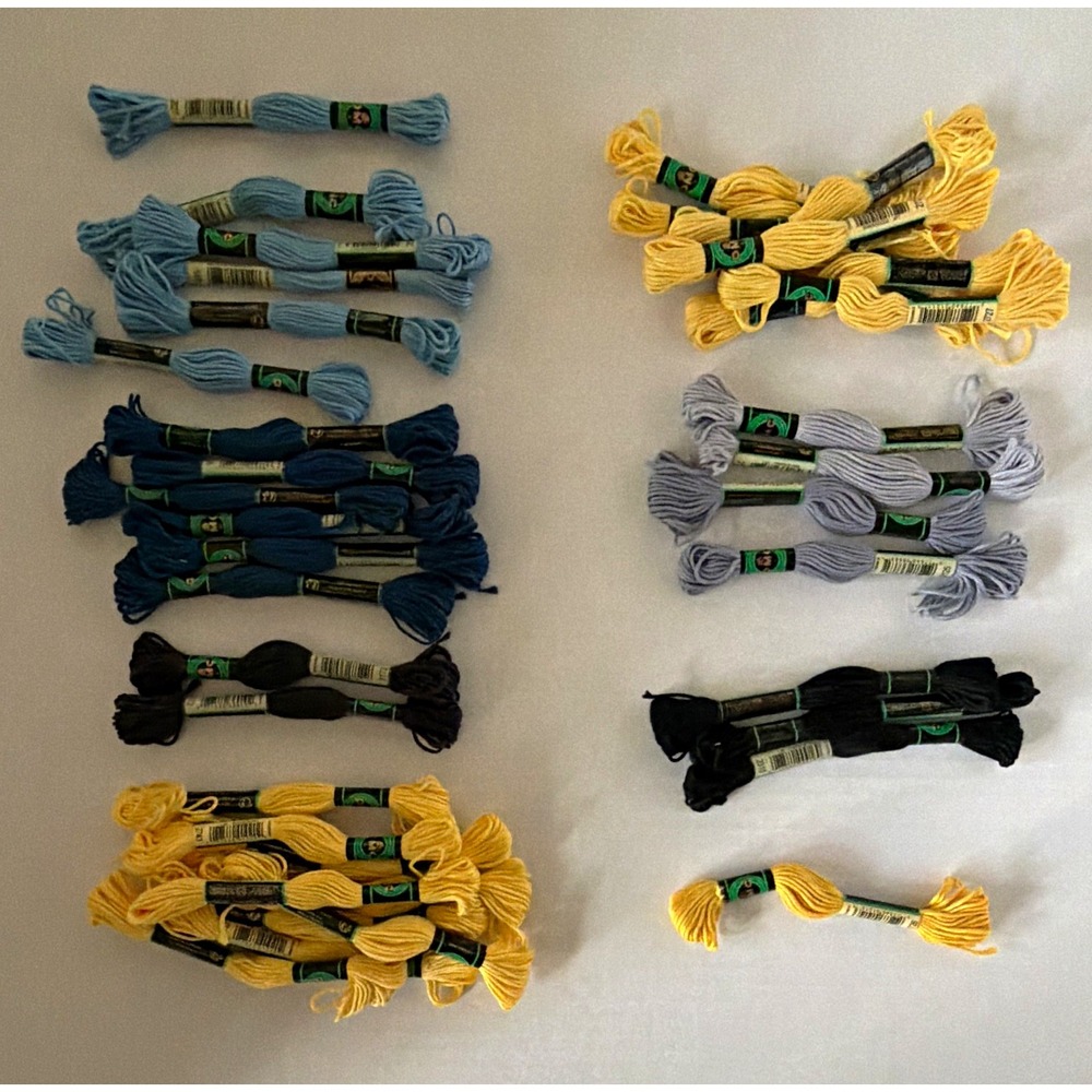 Lot of 37 DMC Cotton Retors Mat Strands- Yellow/Blue/Gray/Black